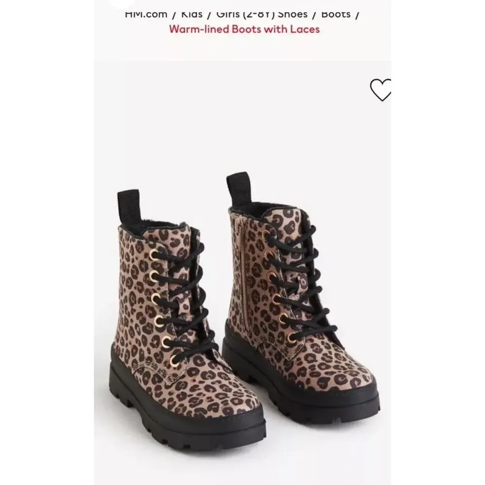 H&M Little Girls 8.5‎ Warm-lined Boots with Laces Light beige/leopard print